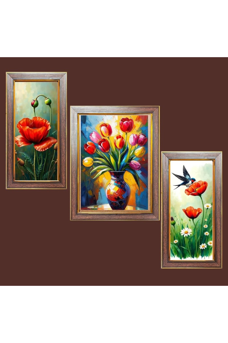3-Pack Beautiful flower painitng Photo Frames - 2 Pieces 6x13 Inch & 1 Piece 10x13 Inch - Rustic Wall Art for Home & Office Decor - Botanical Wall Hanging for Living Room, Bedroom, or W