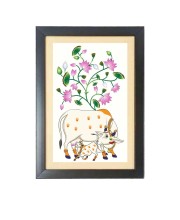 Beautiful Beautiful Cow & Lotus Pichwai  Photo Frame - 11x15 Inch Black 1-Inch Frame with Mount Paper - Perfect for Home Decor, Living Room & Office