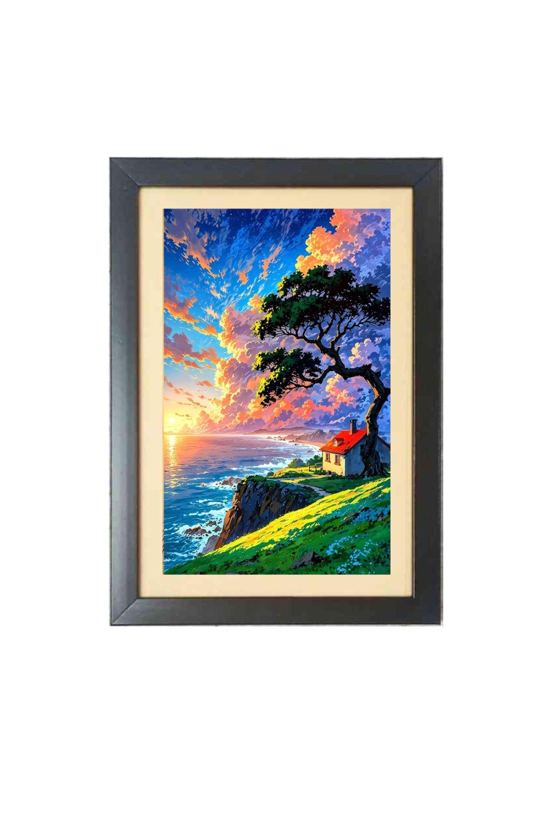Beautiful Beautiful Sunset House with tree and lake Photo Frame - 11x15 Inch Black 1-Inch Frame with Mount Paper - Perfect for Home Decor, Living Room & Office