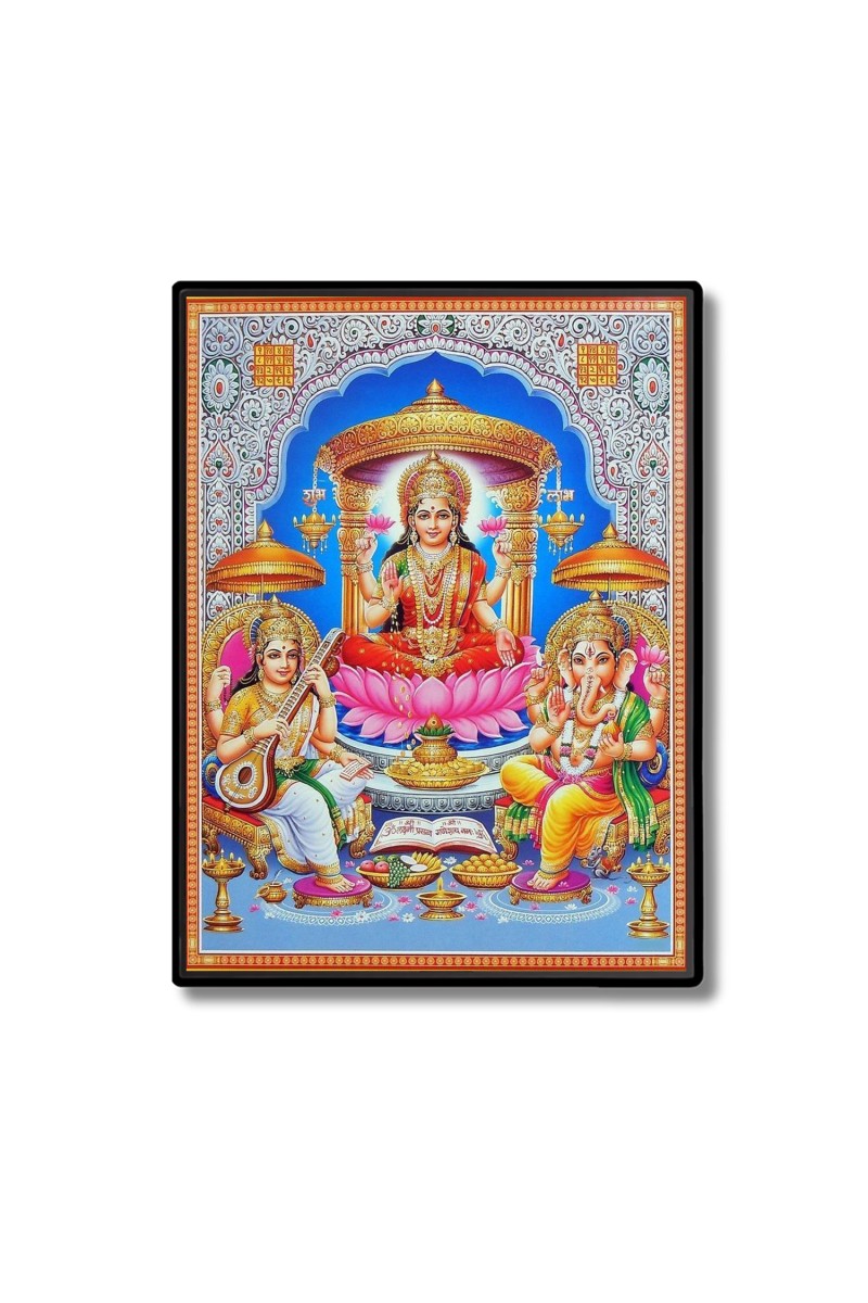 Maa Lakshmi Maa Saraswati & Lord Ganesh Laminated Photo  - 5x7 Inches, Divine Blessings for Home & Office and Temple Decoration