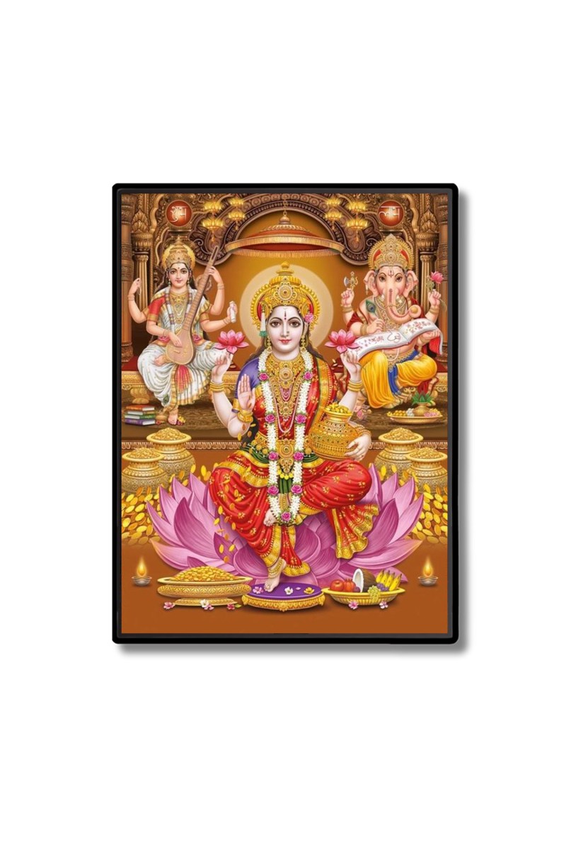 Maa Lakshmi Maa Saraswati & Lord Ganesh Laminated Photo  - 5x7 Inches, Divine Blessings for Home & Office and Temple Decoration