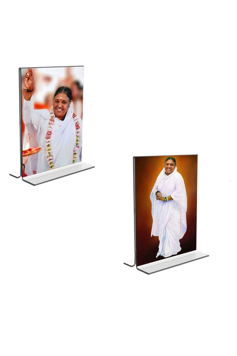 Car Desk/Table Top Maa AMRITANANDAMAYI  Acrylic T-Style Photo Stand - 2.5x3.5 Inches, Compact and Stylish Spiritual Display, easily change  2 photos ( Pack of 1 )