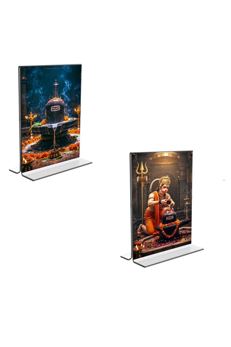 Car Desk/Table Top Sri Hanuman & Lord Shiva Lingam  Acrylic T-Style Photo Stand - 2.5x3.5 Inches, Compact and Stylish Spiritual Display, easily change  2 photos ( Pack of 1 )