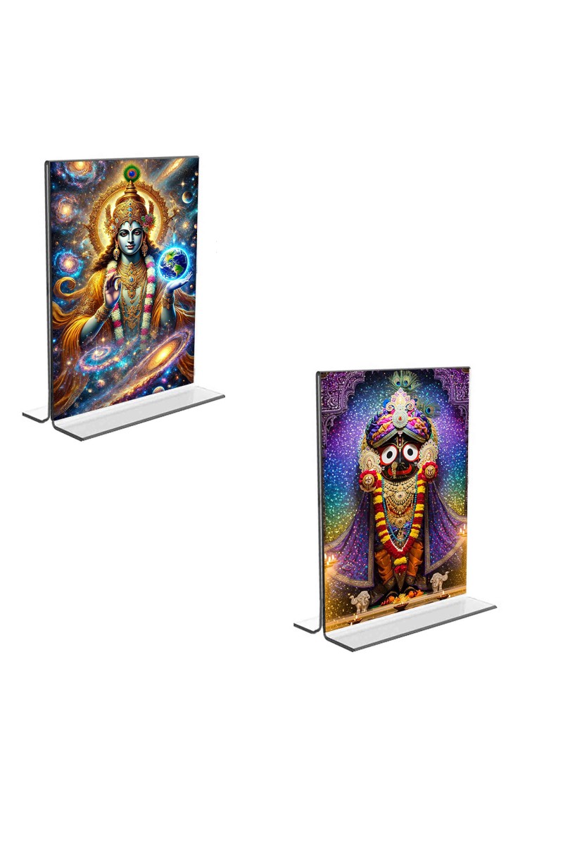 Car Desk/Table Top Lord Vishnu & Lord Jagannath  Acrylic T-Style Photo Stand - 2.5x3.5 Inches, Compact and Stylish Spiritual Display, easily change  2 photos ( Pack of 1 )