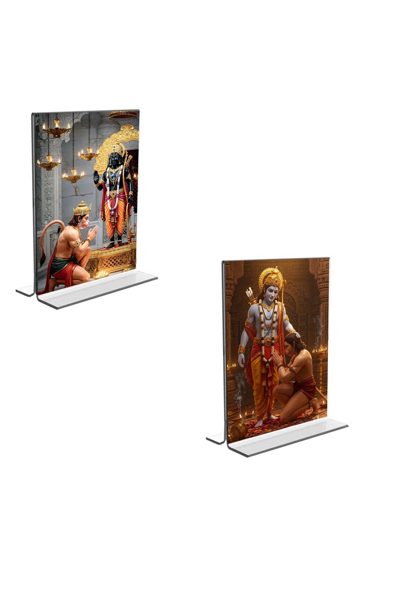 Car Desk/Table Top Sri Hanuman & Sri Ram  Acrylic T-Style Photo Stand - 2.5x3.5 Inches, Compact and Stylish Spiritual Display, easily change  2 photos ( Pack of 1 )
