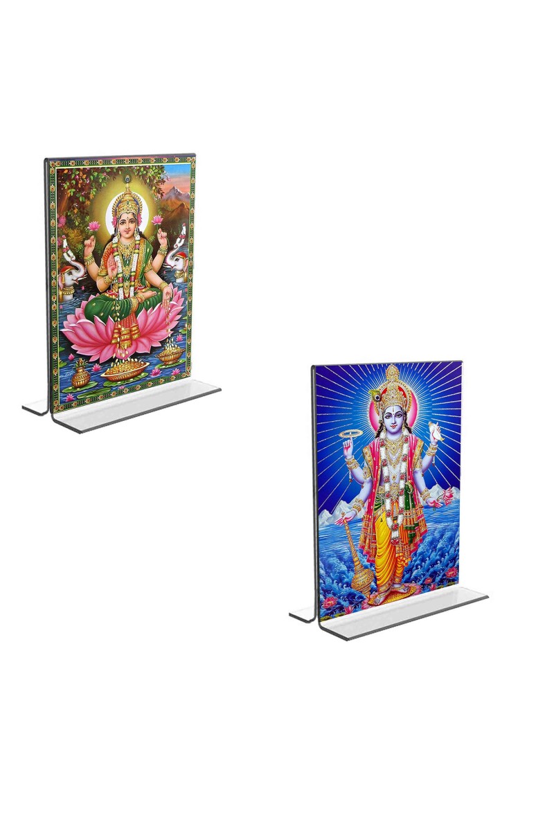 Car Desk/Table Top Lord Vishnu & Maa Lakhsmi Acrylic T-Style Photo Stand - 2.5x3.5 Inches, Compact and Stylish Spiritual Display, easily change  2 photos ( Pack of 1 )