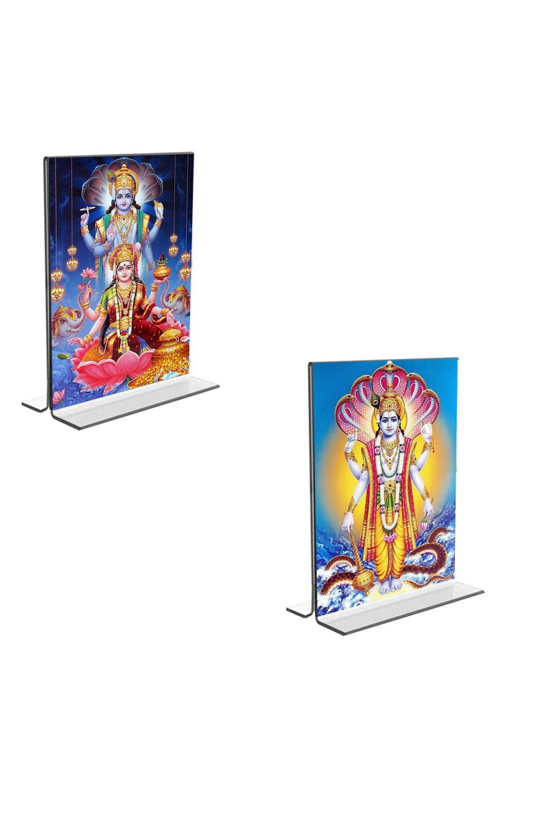 Car Desk/Table Top Lord Vishnu & Maa Lakhsmi Acrylic T-Style Photo Stand - 2.5x3.5 Inches, Compact and Stylish Spiritual Display, easily change  2 photos ( Pack of 1 )