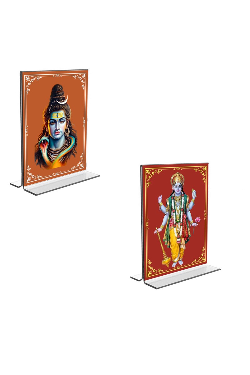Car Desk/Table Top Lord Shiva & Lord Vishnu  Acrylic T-Style Photo Stand - 2.5x3.5 Inches, Compact and Stylish Spiritual Display, easily change  2 photos ( Pack of 1 )