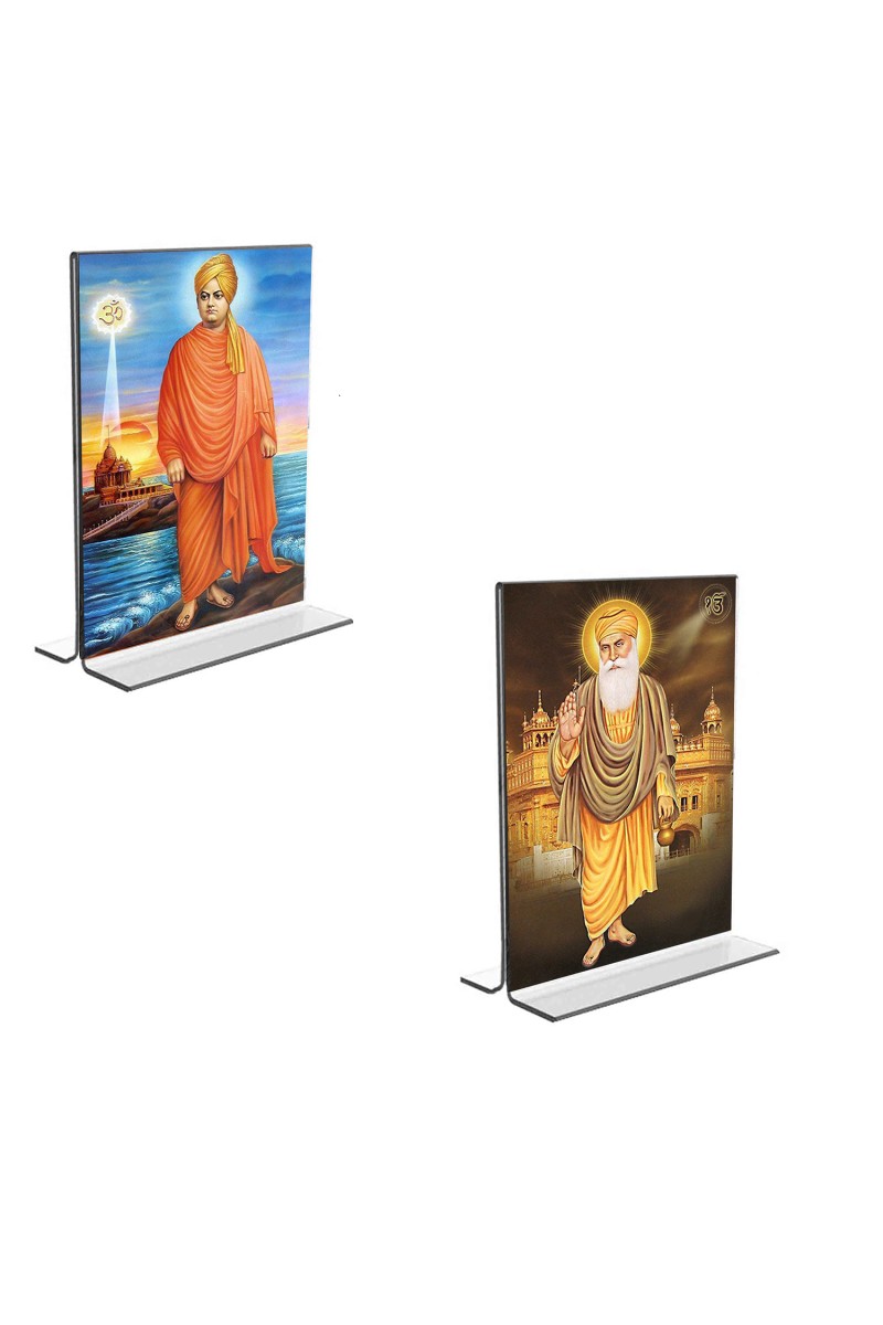 Car Desk/Table Top Swami Vivekananda  & Guru Nanak  Acrylic T-Style Photo Stand - 2.5x3.5 Inches, Compact and Stylish Spiritual Display, easily change  2 photos ( Pack of 1 )