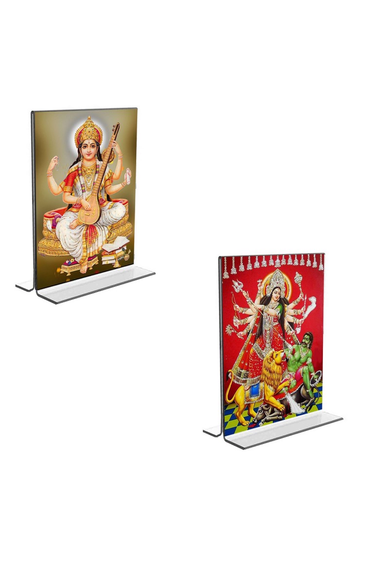 Car Desk/Table Top Maa Saraswati & Maa Lakhsmi  Acrylic T-Style Photo Stand - 2.5x3.5 Inches, Compact and Stylish Spiritual Display, easily change  2 photos ( Pack of 1 )