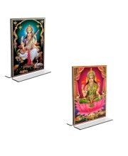 Car Desk/Table Top Maa Saraswati & Maa Lakhsmi  Acrylic T-Style Photo Stand - 2.5x3.5 Inches, Compact and Stylish Spiritual Display, easily change  2 photos ( Pack of 1 )