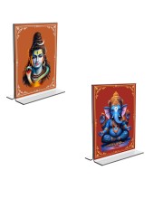 Car Desk/Table Top Lord Shiva & Lord Ganesh  Acrylic T-Style Photo Stand - 2.5x3.5 Inches, Compact and Stylish Spiritual Display, easily change  2 photos ( Pack of 1 )