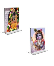 Car Desk/Table Top Lord Ram Lalla & Sri Krishna  Acrylic T-Style Photo Stand - 2.5x3.5 Inches, Compact and Stylish Spiritual Display, easily change  2 photos ( Pack of 1 )