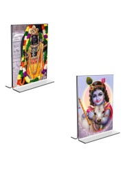 Car Desk/Table Top Lord Ram Lalla & Sri Krishna  Acrylic T-Style Photo Stand - 2.5x3.5 Inches, Compact and Stylish Spiritual Display, easily change  2 photos ( Pack of 1 )