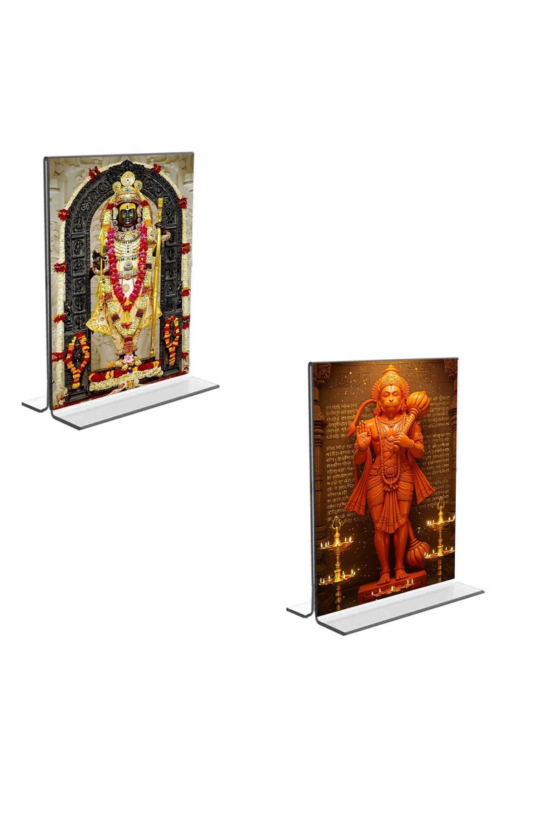 Car Desk/Table Top Sri Ram Lalla & Sri Hanuman  Acrylic T-Style Photo Stand - 2.5x3.5 Inches, Compact and Stylish Spiritual Display, easily change  2 photos ( Pack of 1 )