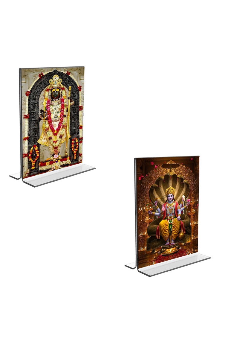 Car Desk/Table Top Sri Ram Lalla & Lord Vishnu  Acrylic T-Style Photo Stand - 2.5x3.5 Inches, Compact and Stylish Spiritual Display, easily change  2 photos ( Pack of 1 )