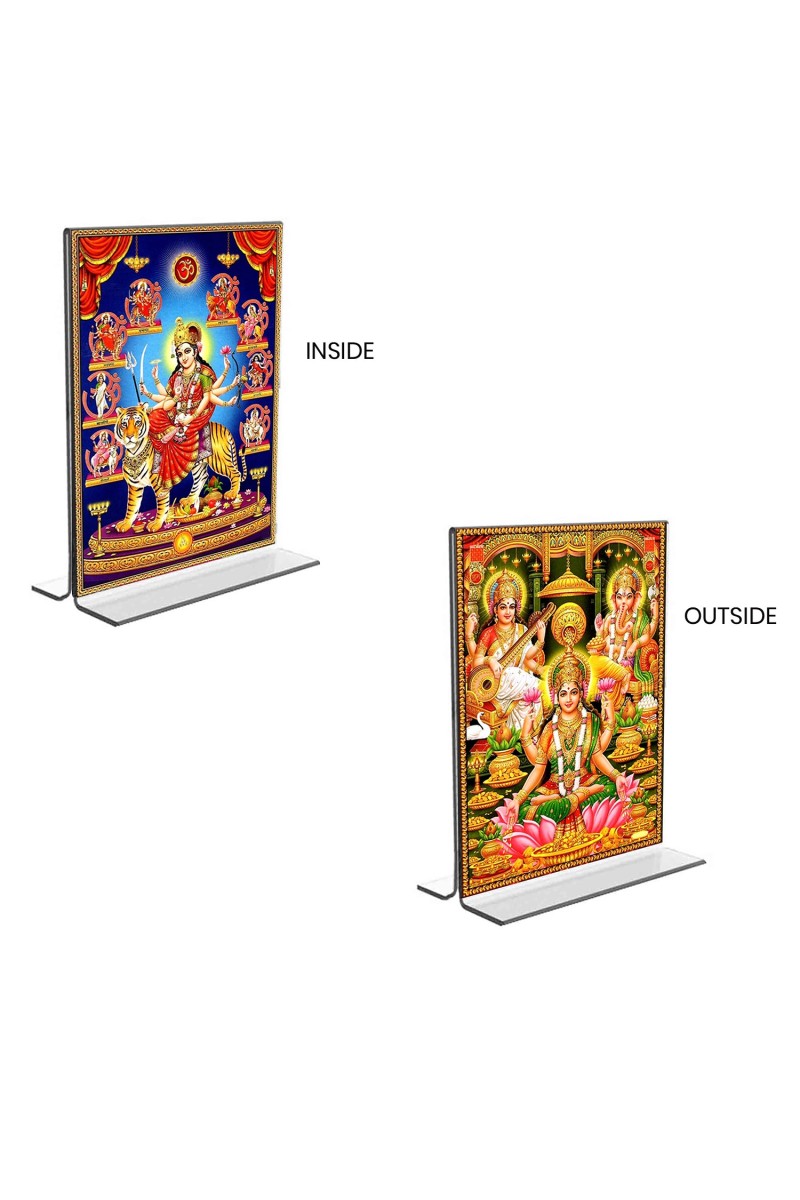 Car Desk/Table Top Maa Nava Durga & Maa Lakshmi Sri Ganesh Maa Saraswati  Acrylic T-Style Photo Stand - 2.5x3.5 Inches, Compact and Stylish Spiritual Display, easily change  2 photos ( Pack of 1 )