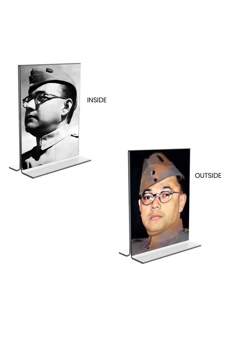 Car Desk/Table Top Netaji Subhas Chandra Bose  Acrylic T-Style Photo Stand - 2.5x3.5 Inches, Compact and Stylish Spiritual Display, easily change  2 photos ( Pack of 1 )