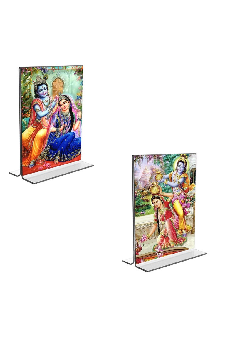Car Desk/Table Top Sri Radha Sri Krishna  Acrylic T-Style Photo Stand - 2.5x3.5 Inches, Compact and Stylish Spiritual Display, easily change  2 photos ( Pack of 1 )