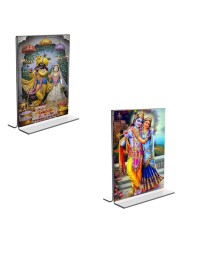 Car Desk/Table Top Sri Radha Sri Krishna  Acrylic T-Style Photo Stand - 2.5x3.5 Inches, Compact and Stylish Spiritual Display, easily change  2 photos ( Pack of 1 )
