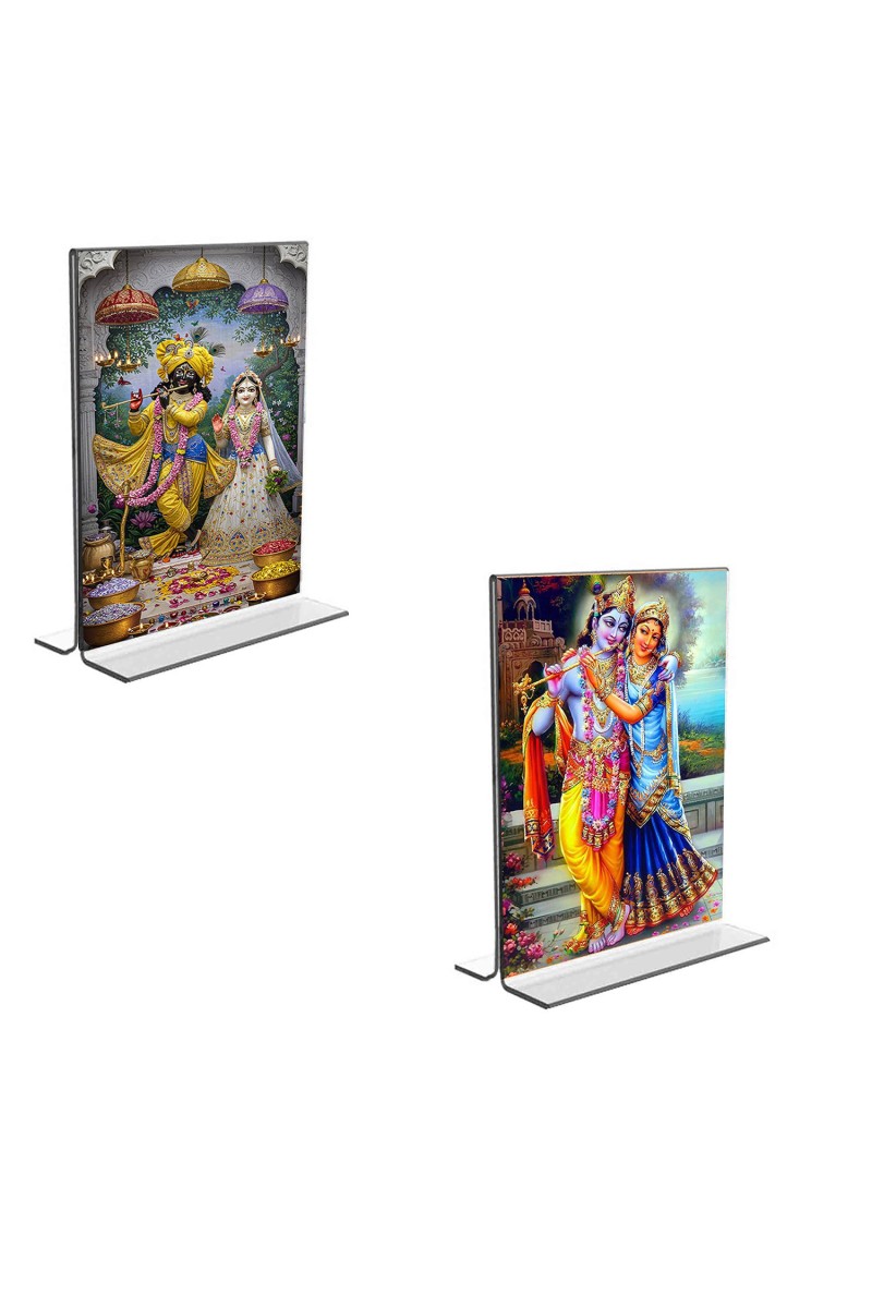 Car Desk/Table Top Sri Radha Sri Krishna  Acrylic T-Style Photo Stand - 2.5x3.5 Inches, Compact and Stylish Spiritual Display, easily change  2 photos ( Pack of 1 )