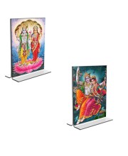 Car Desk/Table Top Sri Lakshmi Narayan & Sri Radha Krishna  Acrylic T-Style Photo Stand - 2.5x3.5 Inches, Compact and Stylish Spiritual Display, easily change  2 photos ( Pack of 1 )