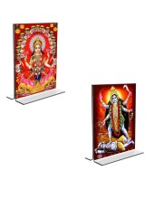 Car Desk/Table Top Maa Lakshmi & Maa Kali  Acrylic T-Style Photo Stand - 2.5x3.5 Inches, Compact and Stylish Spiritual Display, easily change  2 photos ( Pack of 1 )