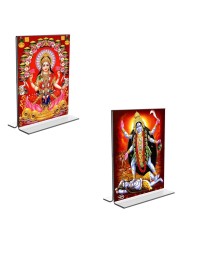 Car Desk/Table Top Maa Lakshmi & Maa Kali  Acrylic T-Style Photo Stand - 2.5x3.5 Inches, Compact and Stylish Spiritual Display, easily change  2 photos ( Pack of 1 )
