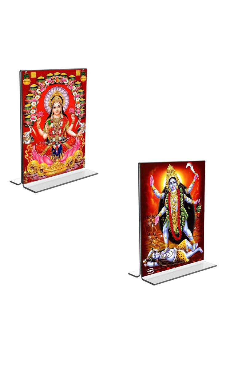 Car Desk/Table Top Maa Lakshmi & Maa Kali  Acrylic T-Style Photo Stand - 2.5x3.5 Inches, Compact and Stylish Spiritual Display, easily change  2 photos ( Pack of 1 )
