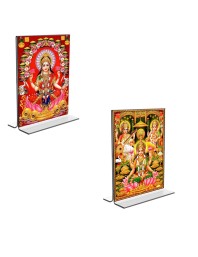Car Desk/Table Top Maa Lakhsmi Sri Ganesh Maa Saraswati  Acrylic T-Style Photo Stand - 2.5x3.5 Inches, Compact and Stylish Spiritual Display, easily change  2 photos ( Pack of 1 )