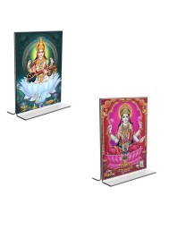 Car Desk/Table Top Maa Saraswati & Maa Lakshmi  Acrylic T-Style Photo Stand - 2.5x3.5 Inches, Compact and Stylish Spiritual Display, easily change  2 photos ( Pack of 1 )