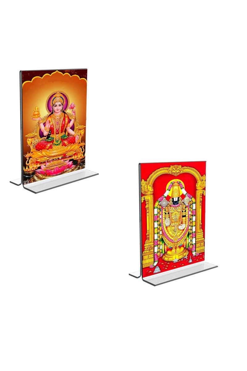Car Desk/Table Top Maa Lakshmi & Lord Tirupati Balaji  Acrylic T-Style Photo Stand - 2.5x3.5 Inches, Compact and Stylish Spiritual Display, easily change  2 photos ( Pack of 1 )
