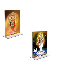 Car Desk/Table Top Maa Saraswati & Maa Lakshmi  Acrylic T-Style Photo Stand - 2.5x3.5 Inches, Compact and Stylish Spiritual Display, easily change  2 photos ( Pack of 1 )