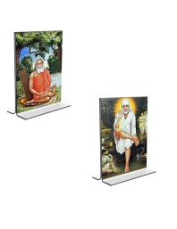 Car Desk/Table Top Lokenath Baba & Sai Baba  Acrylic T-Style Photo Stand - 2.5x3.5 Inches, Compact and Stylish Spiritual Display, easily change  2 photos ( Pack of 1 )