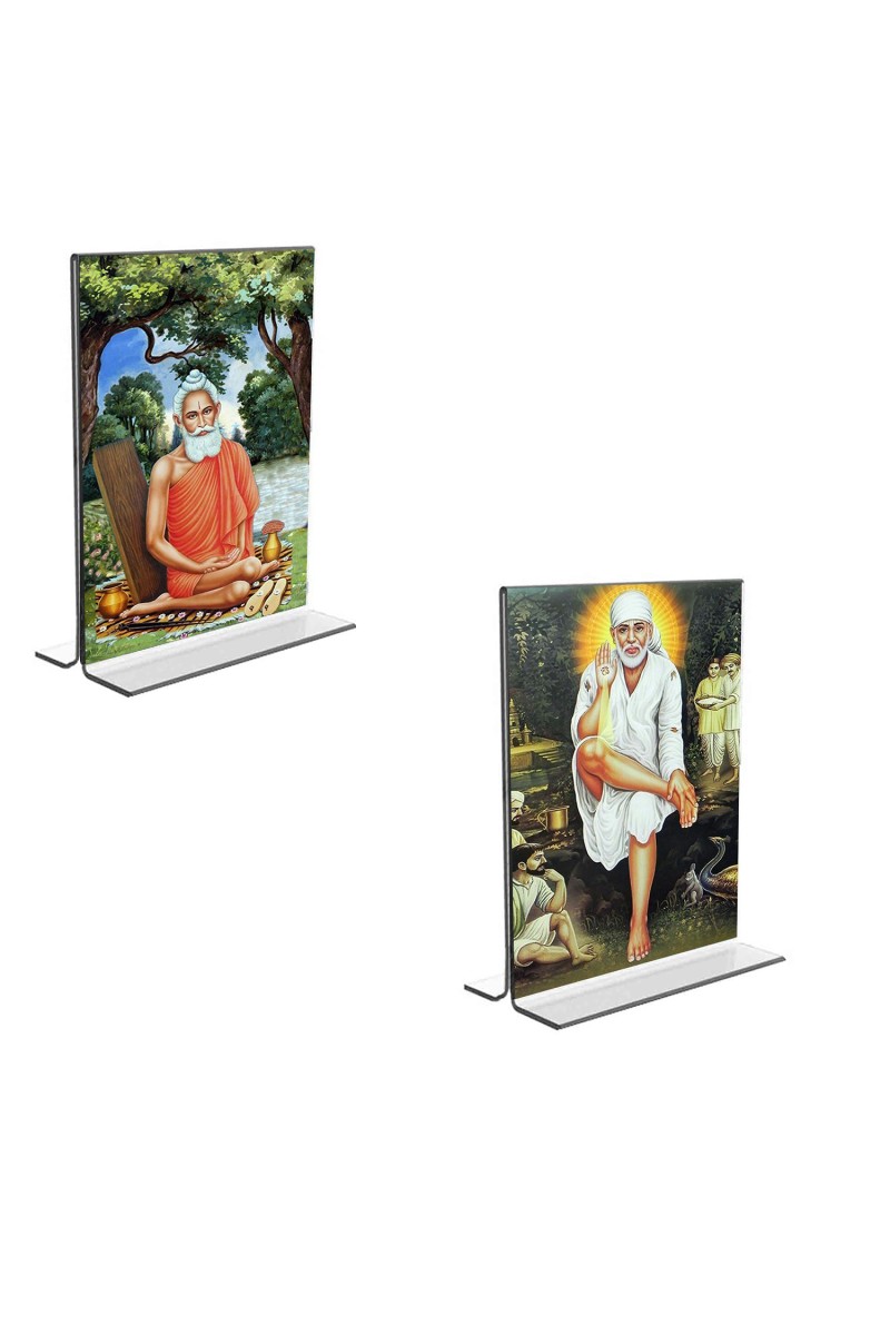 Car Desk/Table Top Lokenath Baba & Sai Baba  Acrylic T-Style Photo Stand - 2.5x3.5 Inches, Compact and Stylish Spiritual Display, easily change  2 photos ( Pack of 1 )