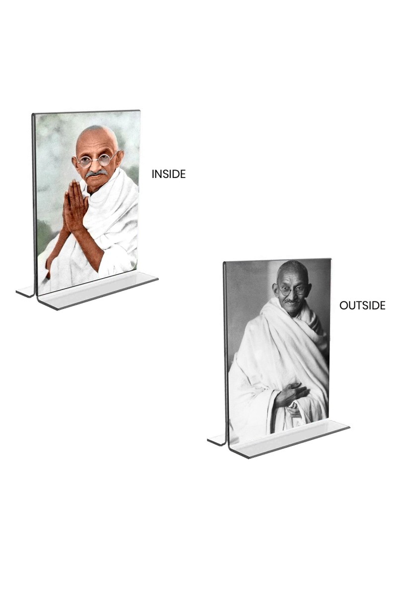 Car Desk/Table Top Mahatma Gandhi  Acrylic T-Style Photo Stand - 2.5x3.5 Inches, Compact and Stylish Spiritual Display, easily change  2 photos ( Pack of 1 )