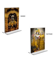 Car Desk/Table Top Sri Radha Krishna &  Sri Krishna  Acrylic T-Style Photo Stand - 2.5x3.5 Inches, Compact and Stylish Spiritual Display, easily change  2 photos ( Pack of 1 )
