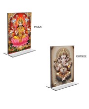 Car Desk/Table Top Maa Lakshmi & Sri Ganesh  Acrylic T-Style Photo Stand - 2.5x3.5 Inches, Compact and Stylish Spiritual Display, easily change  2 photos ( Pack of 1 )