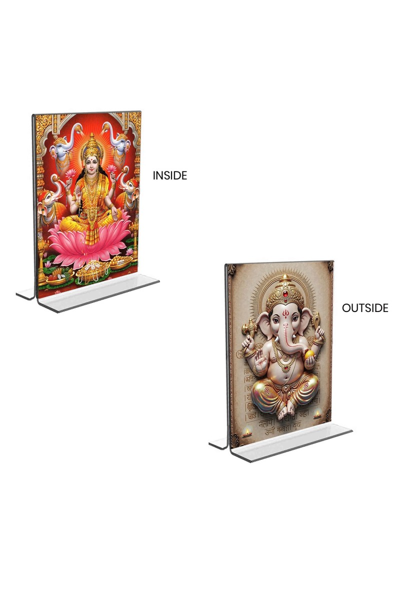 Car Desk/Table Top Maa Lakshmi & Sri Ganesh  Acrylic T-Style Photo Stand - 2.5x3.5 Inches, Compact and Stylish Spiritual Display, easily change  2 photos ( Pack of 1 )