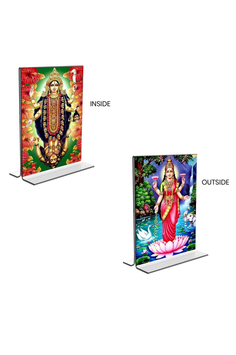 Car Desk/Table Top Maa Kali & Maa Lakshmi  Acrylic T-Style Photo Stand - 2.5x3.5 Inches, Compact and Stylish Spiritual Display, easily change  2 photos ( Pack of 1 )