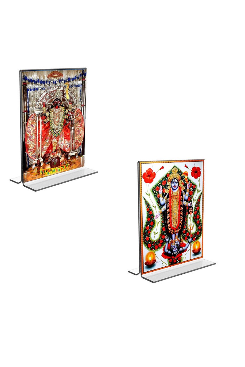 Car Desk/Table Top Maa Kali & Dakshineswar Kali  Acrylic T-Style Photo Stand - 2.5x3.5 Inches, Compact and Stylish Spiritual Display, easily change  2 photos ( Pack of 1 )