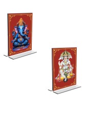 Car Desk/Table Top Sri Ganesh & Panchmukhi Hanuman  Acrylic T-Style Photo Stand - 2.5x3.5 Inches, Compact and Stylish Spiritual Display, easily change  2 photos ( Pack of 1 )