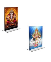 Car Desk/Table Top Sri Ganesh & Maa Saraswati  Acrylic T-Style Photo Stand - 2.5x3.5 Inches, Compact and Stylish Spiritual Display, easily change  2 photos ( Pack of 1 )