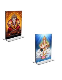 Car Desk/Table Top Sri Ganesh & Maa Saraswati  Acrylic T-Style Photo Stand - 2.5x3.5 Inches, Compact and Stylish Spiritual Display, easily change  2 photos ( Pack of 1 )