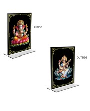 Car Desk/Table Top Sri Ganesh & Maa Saraswati  Acrylic T-Style Photo Stand - 2.5x3.5 Inches, Compact and Stylish Spiritual Display, easily change  2 photos ( Pack of 1 )