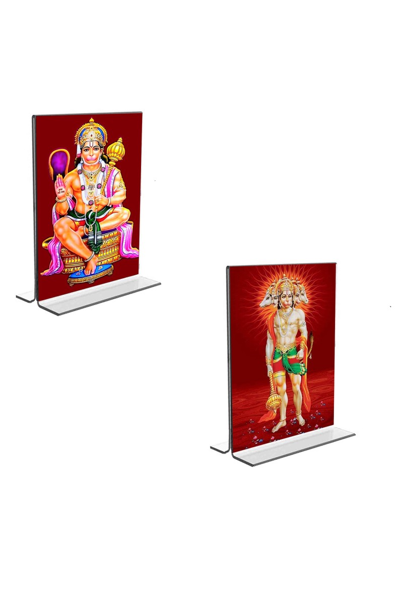 Car Desk/Table Top Sri Hanuman & Panchmukhi Hanuman  Acrylic T-Style Photo Stand - 2.5x3.5 Inches, Compact and Stylish Spiritual Display, easily change  2 photos ( Pack of 1 )
