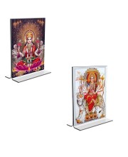 Car Desk/Table Top Maa Lakshmi & Maa Durga  Acrylic T-Style Photo Stand - 2.5x3.5 Inches, Compact and Stylish Spiritual Display, easily change  2 photos ( Pack of 1 )