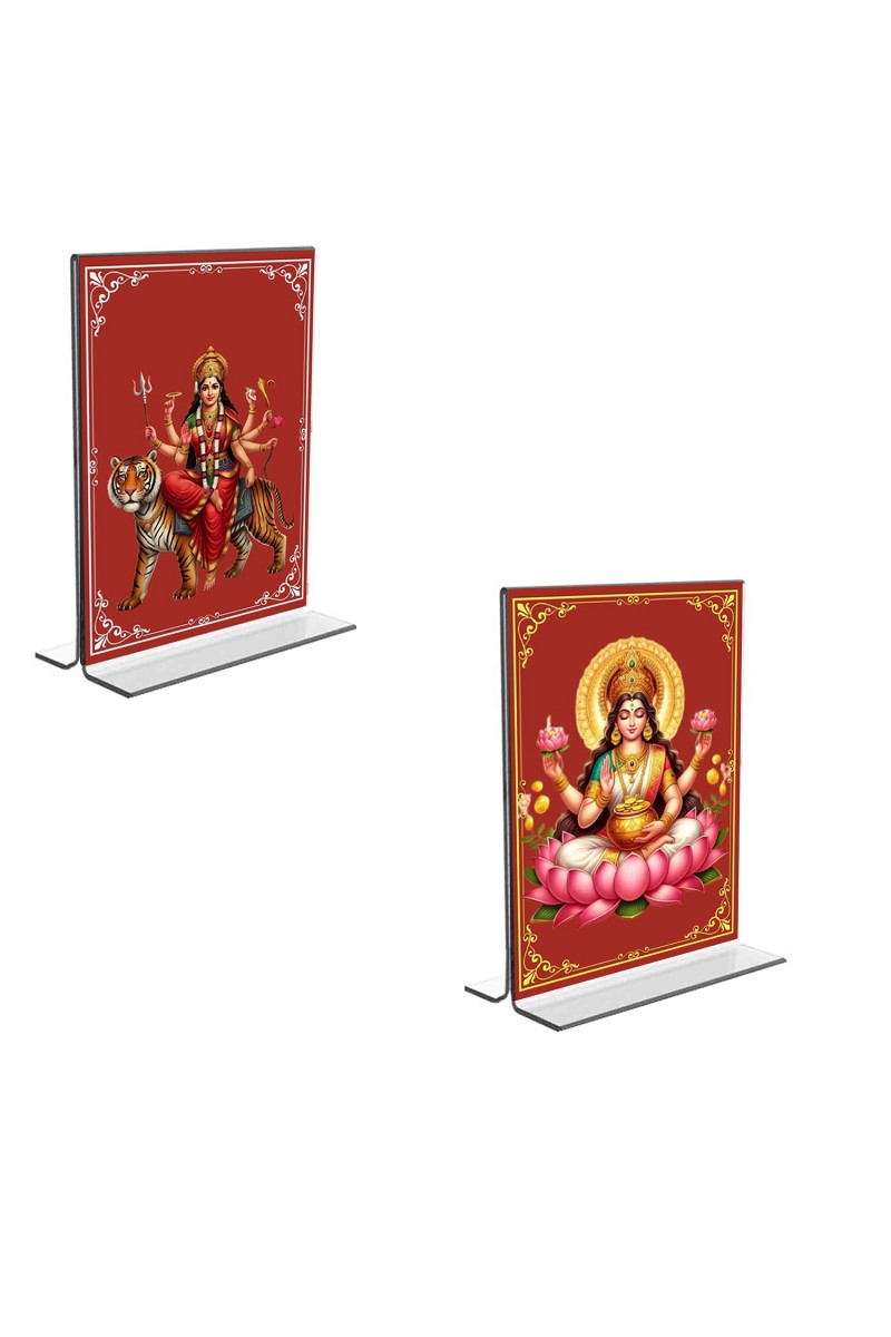 Car Desk/Table Top Maa Lakshmi & Maa Durga  Acrylic T-Style Photo Stand - 2.5x3.5 Inches, Compact and Stylish Spiritual Display, easily change  2 photos ( Pack of 1 )