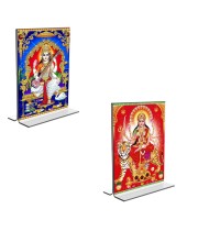 Car Desk/Table Top Maa Saraswati & Maa Durga  Acrylic T-Style Photo Stand - 2.5x3.5 Inches, Compact and Stylish Spiritual Display, easily change  2 photos ( Pack of 1 )