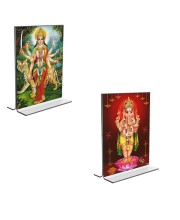 Car Desk/Table Top Lord Ganesh & Maa Durga  Acrylic T-Style Photo Stand - 2.5x3.5 Inches, Compact and Stylish Spiritual Display, easily change  2 photos ( Pack of 1 )